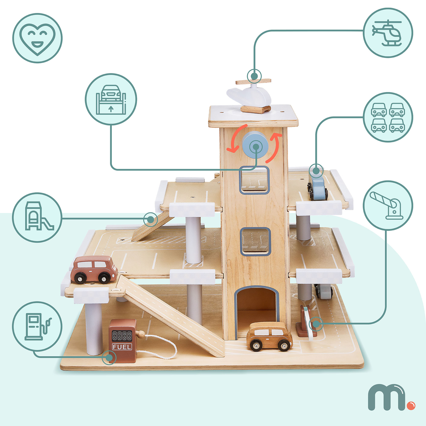 Medinė trijų aukštų automobilių stovėjimo aikštelė su liftu - garažas automobiliams ir sraigtasparniui