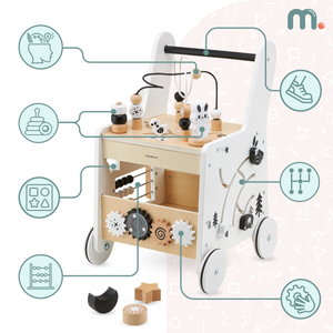 6in1 medinis vežimėlis, vaikštynė su mokomojo stalo funkcija