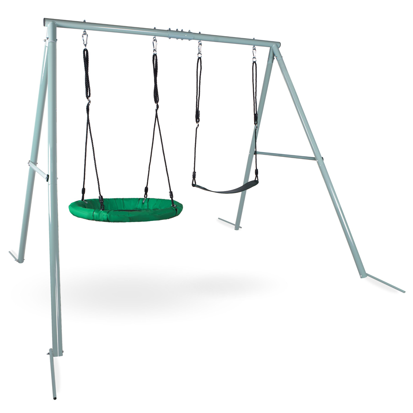 Dvigubos sodo sūpynės su karkasu ir virvėmis - sėdyne ir gandralizdžiu