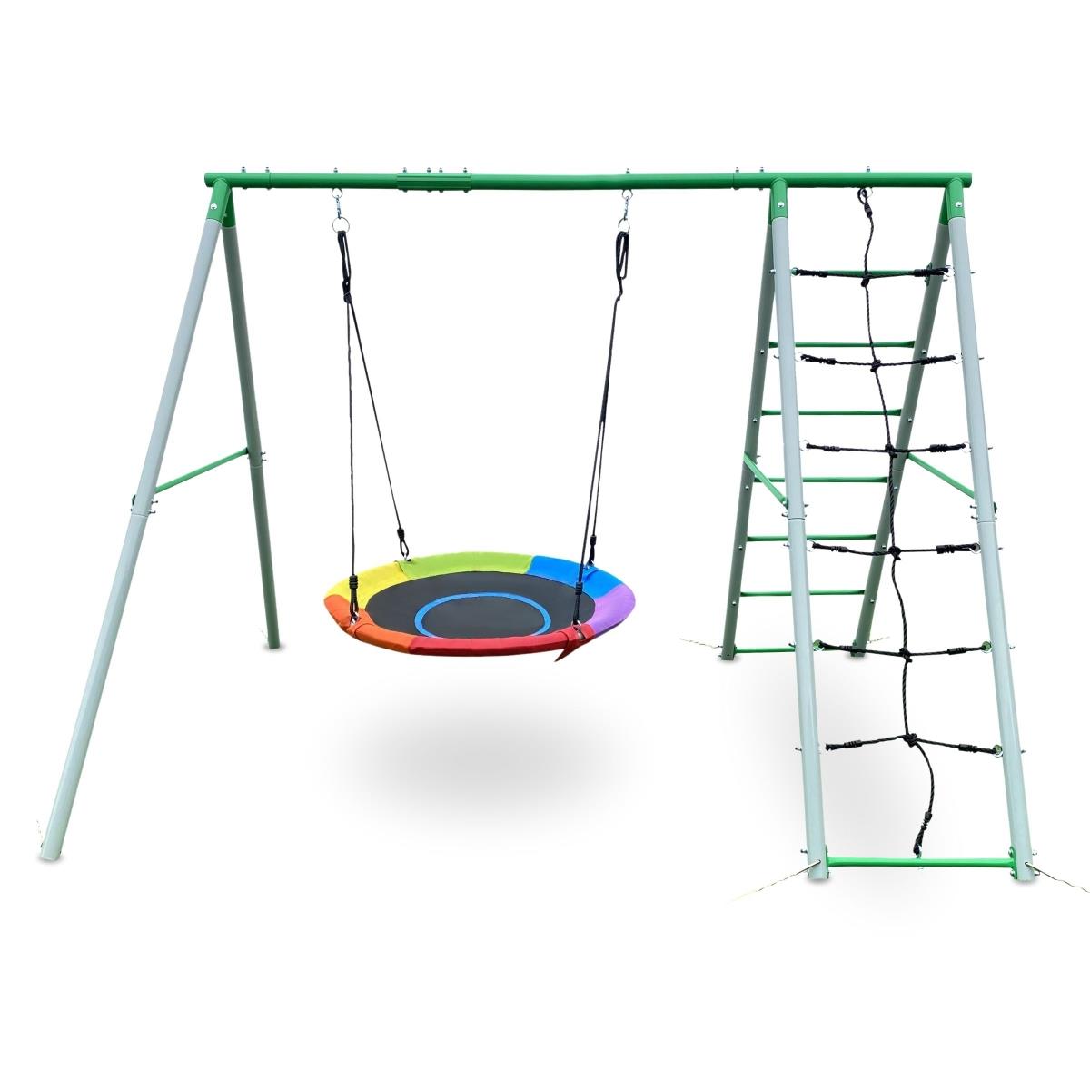 XL sodo žaidimų aikštelė vaikams su gandralizdžio sūpynės, kopėčiomis ir laipiojimo tinklu