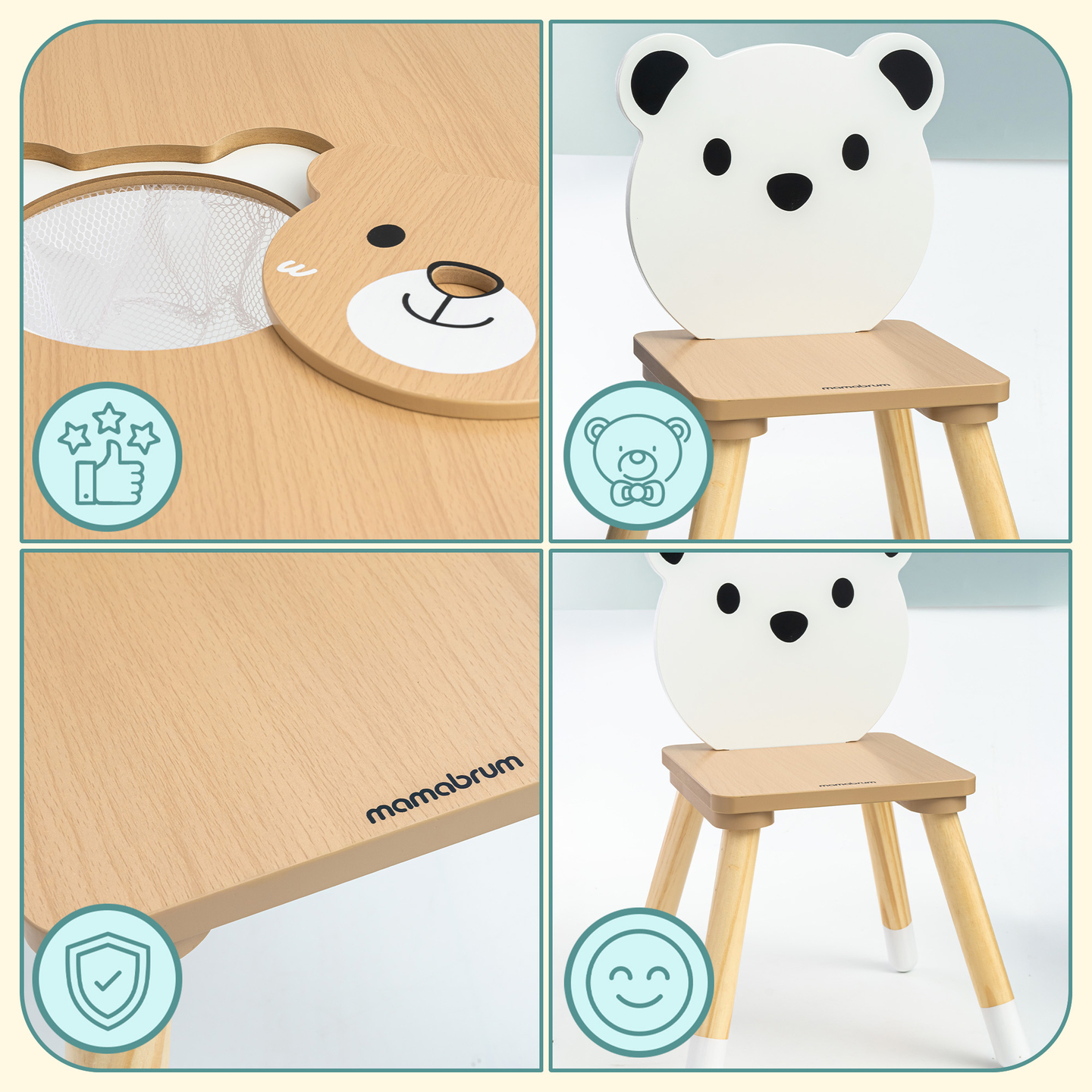 Medinis stalas su daiktadėže ir 2 kėdėmis. Vaikiškas komplektas - mielas meškiukas