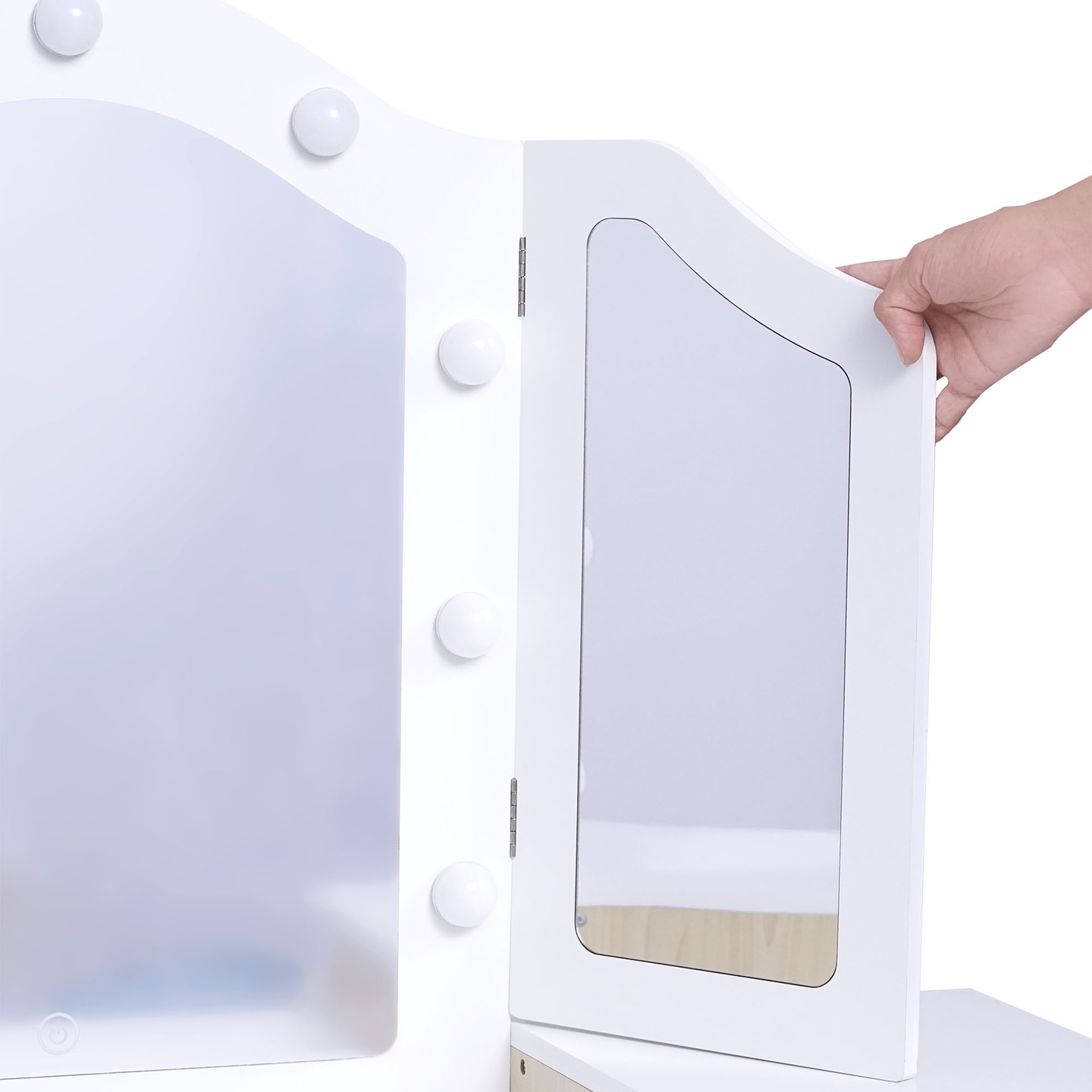 Medinis vaikiškas tualetinis staliukas su kėde, priedais ir LED apšvietimu