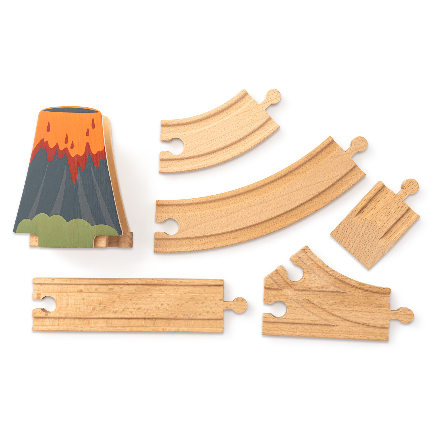 Dino parko medinis traukinukas su neslystančiu kilimėliu - dinozaurai, traukinukas, bėgiai, ugnikalnis, varpas