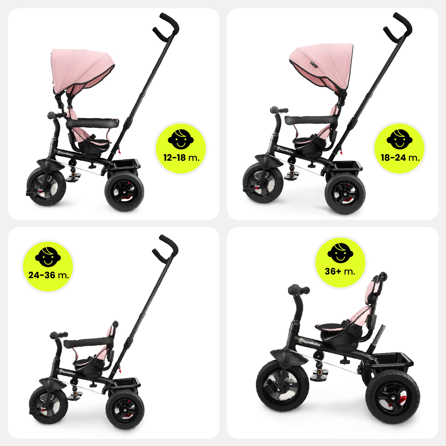 Triratukas 1-4 metų vaikams - TOBI FREY - rožinės spalvos - su pasukamais ratais + stūmiklis