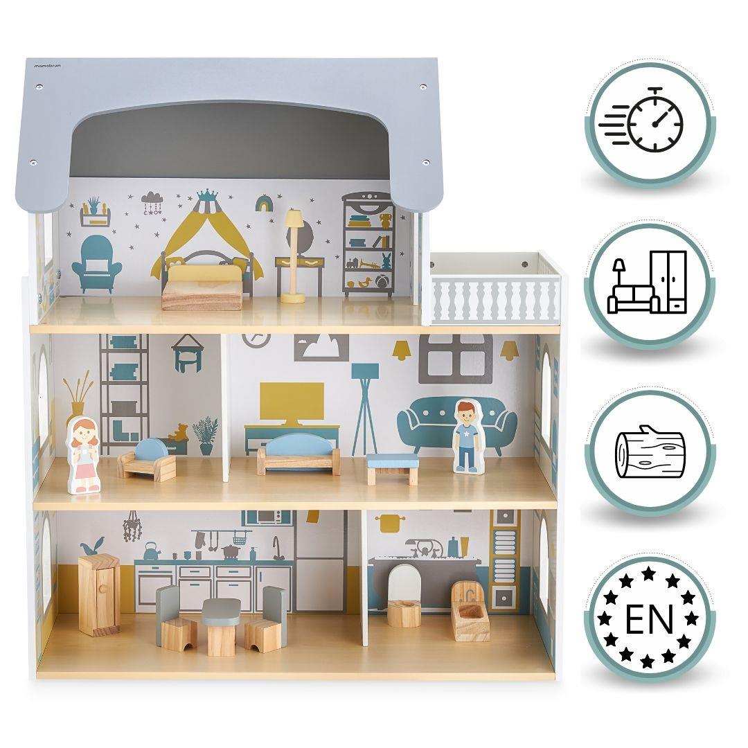 Baltas medinis lėlių namelis su terasa ir priedais