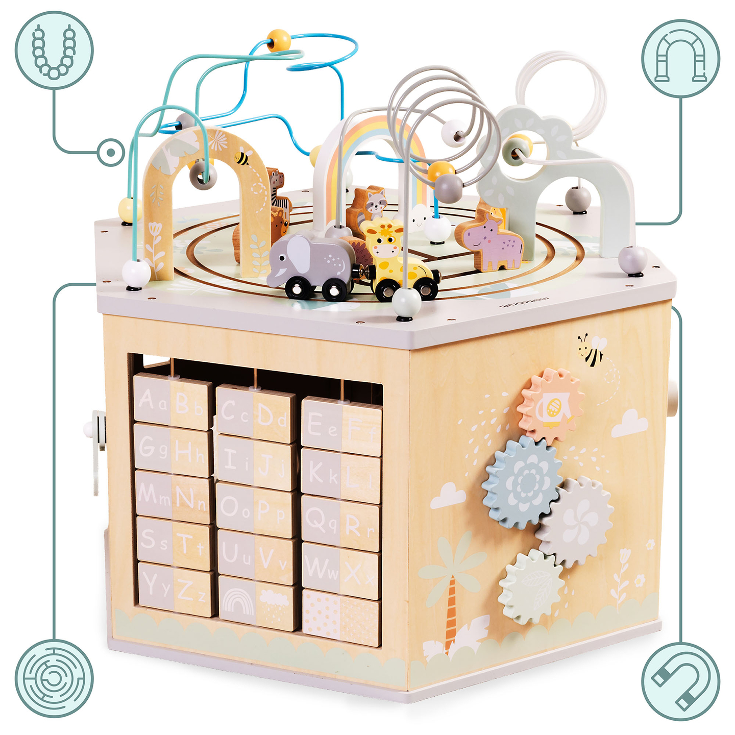 Didelis medinis edukacinis kubas - Montessori žaislas su magnetiniu traukiniu ir variklio kilpomis