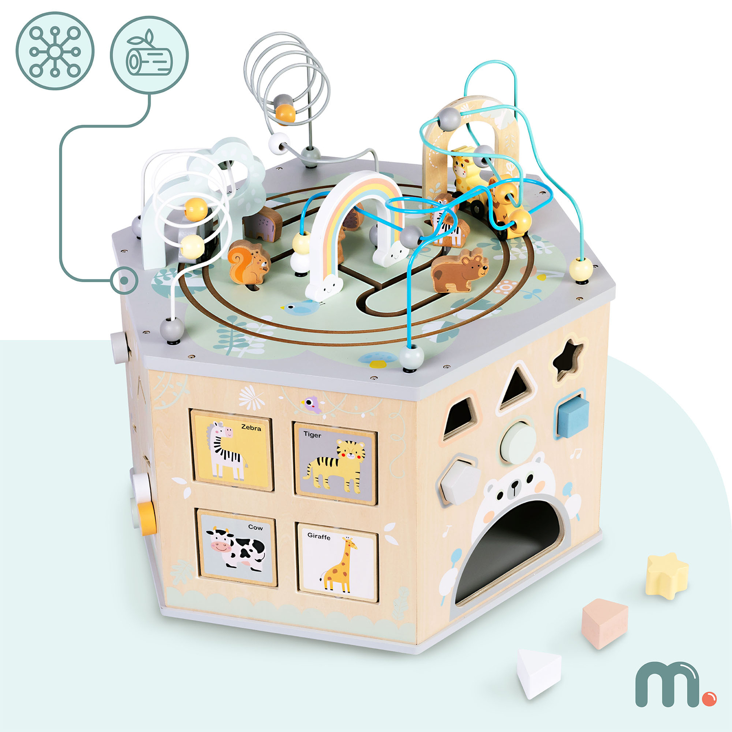 Didelis medinis edukacinis kubas - Montessori žaislas su magnetiniu traukiniu ir variklio kilpomis