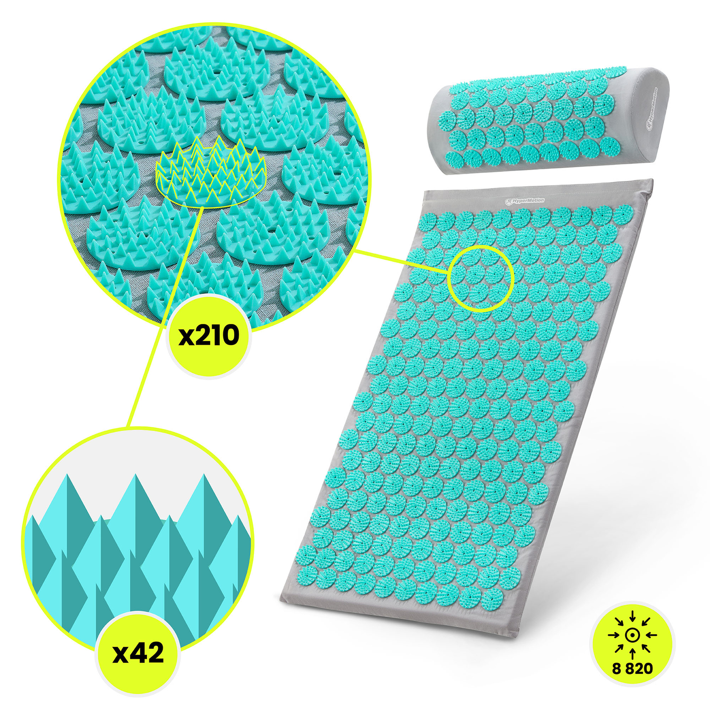 Akupresūros kilimėlis su pagalvėle ir užvalkalu – 72 cm „HyperMotion“ pilkai mėtinis