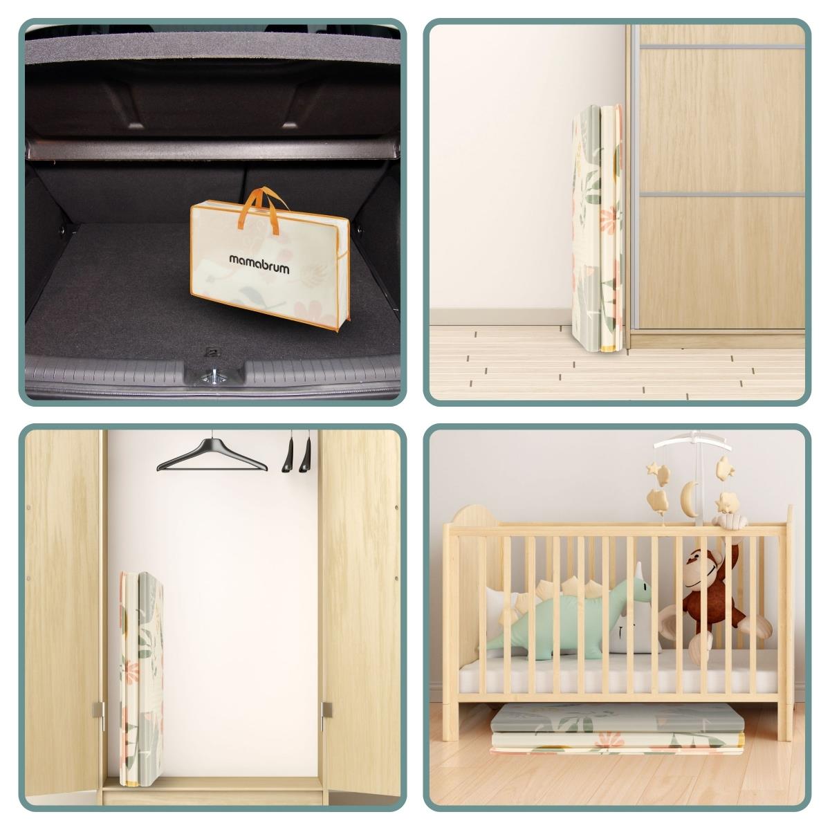 Dvipusis sulankstomas putplasčio kilimėlis 180 x 120 x 1 cm - Egzotiški drambliai / švelniai pilka