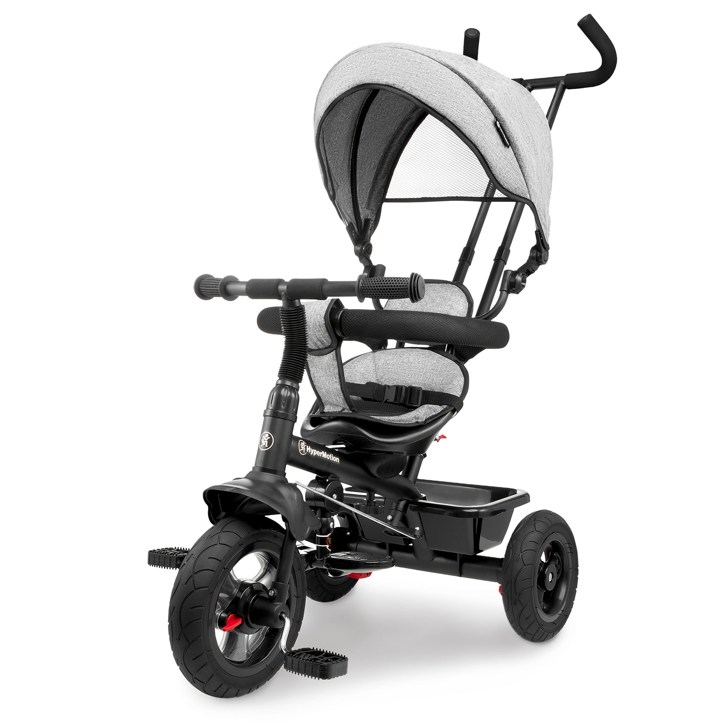 Triratukas 1-4 metų vaikams - TOBI FREY - pilka spalva - pasukamas - pompiniai ratai + stūmiklis