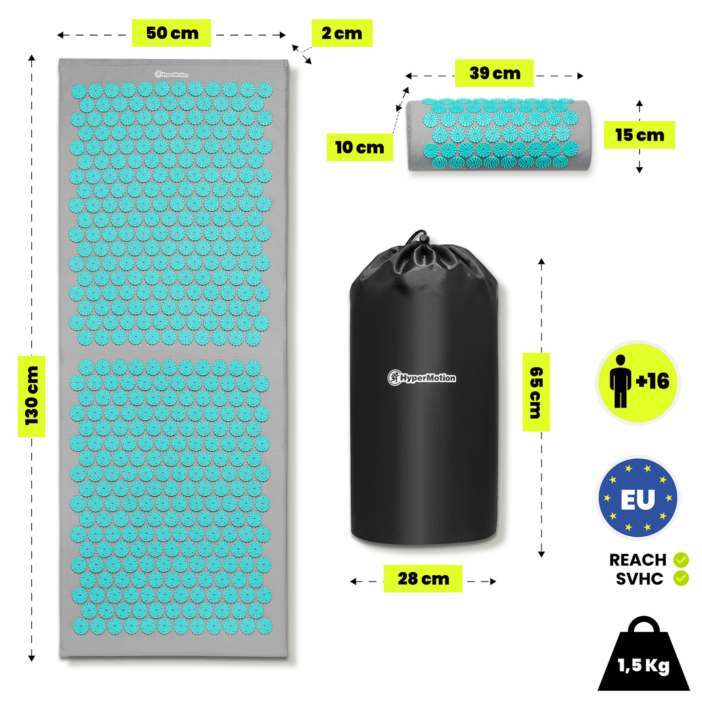 Didelis akupresūros kilimėlis su pagalvėle ir užvalkalu – 130 cm „HyperMotion“ pilkai mėtinis
