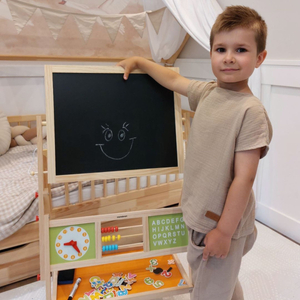 Didelė mokomoji dvipusė lenta: magnetinė ir kreidinė - sausai trinama lenta, medinė