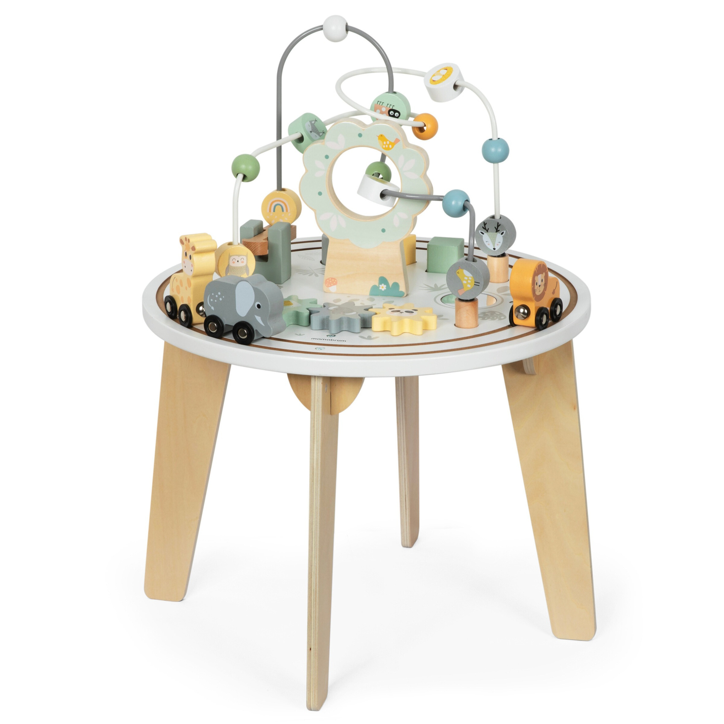 Medinis apvalus mokomasis stalas su magnetiniu traukinuku ir karoliukų paleidimo įtaisu