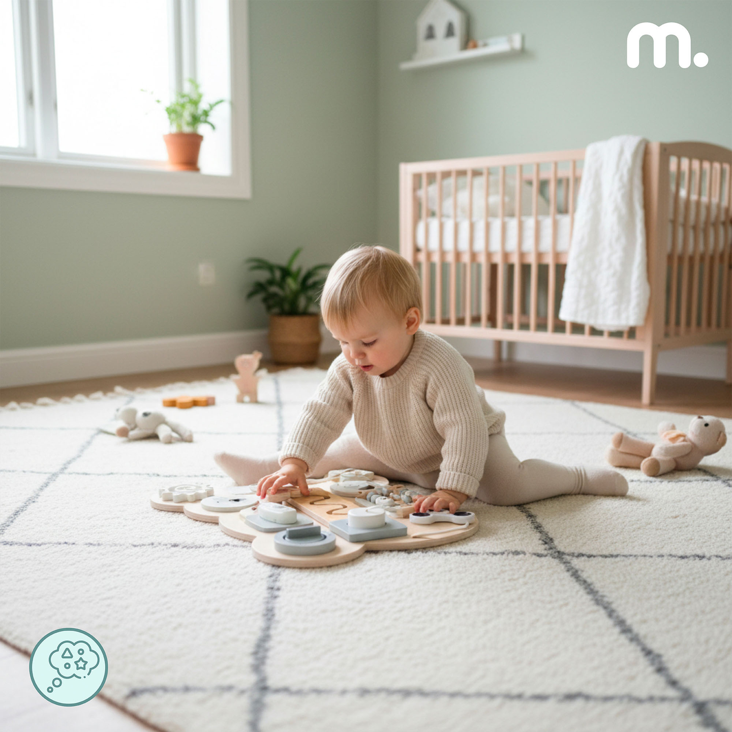 Medinė Montessori meškiuko manipuliacinė lenta - sensorinis savarankiškumo mokymasis: lipdukas, kaištis, labirintas, spragtelėjimo rankenėlė