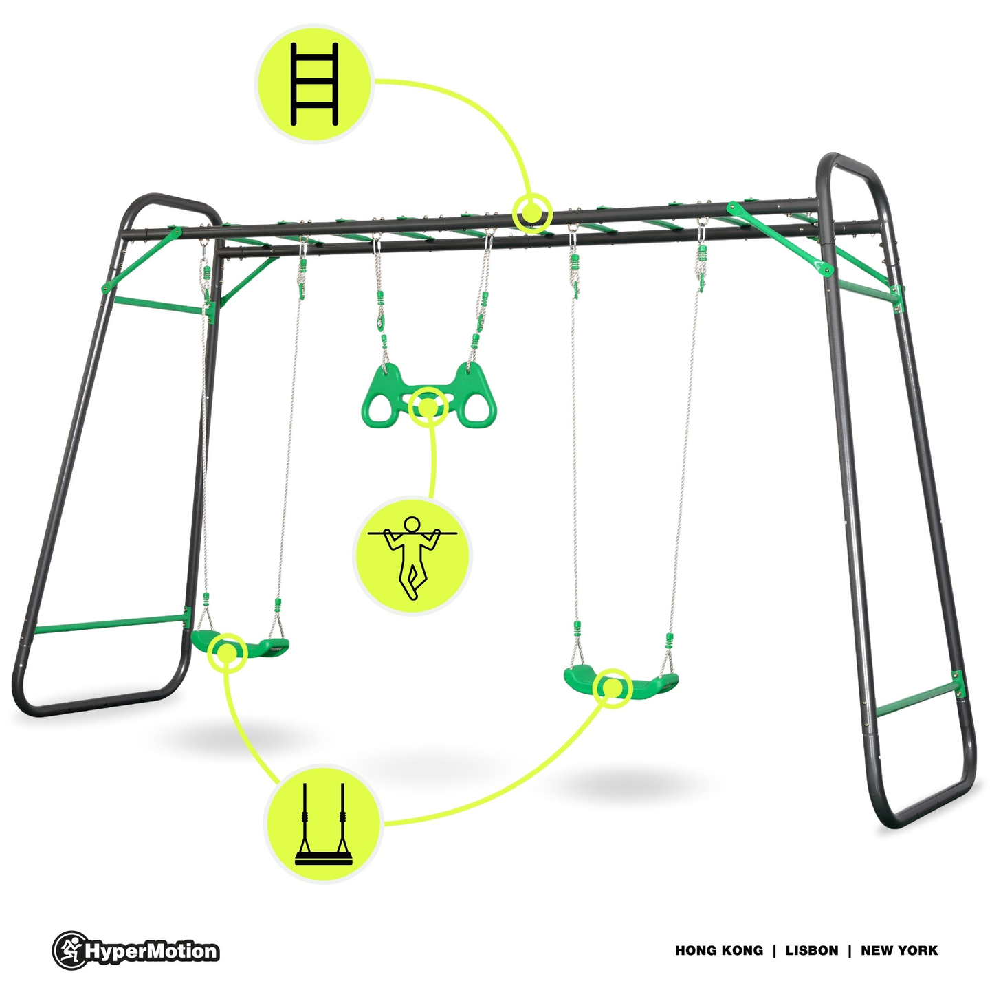 XXL plieninės sodo sūpynės - 2 sėdynės, kopėčios, gimnastikos trapecijos
