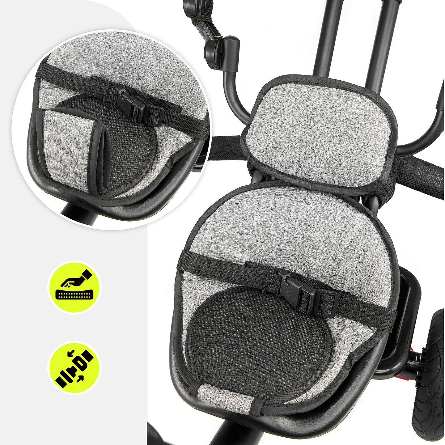 Triratukas 1-4 metų vaikams - TOBI FREY - pilka spalva - pasukamas - pompiniai ratai + stūmiklis