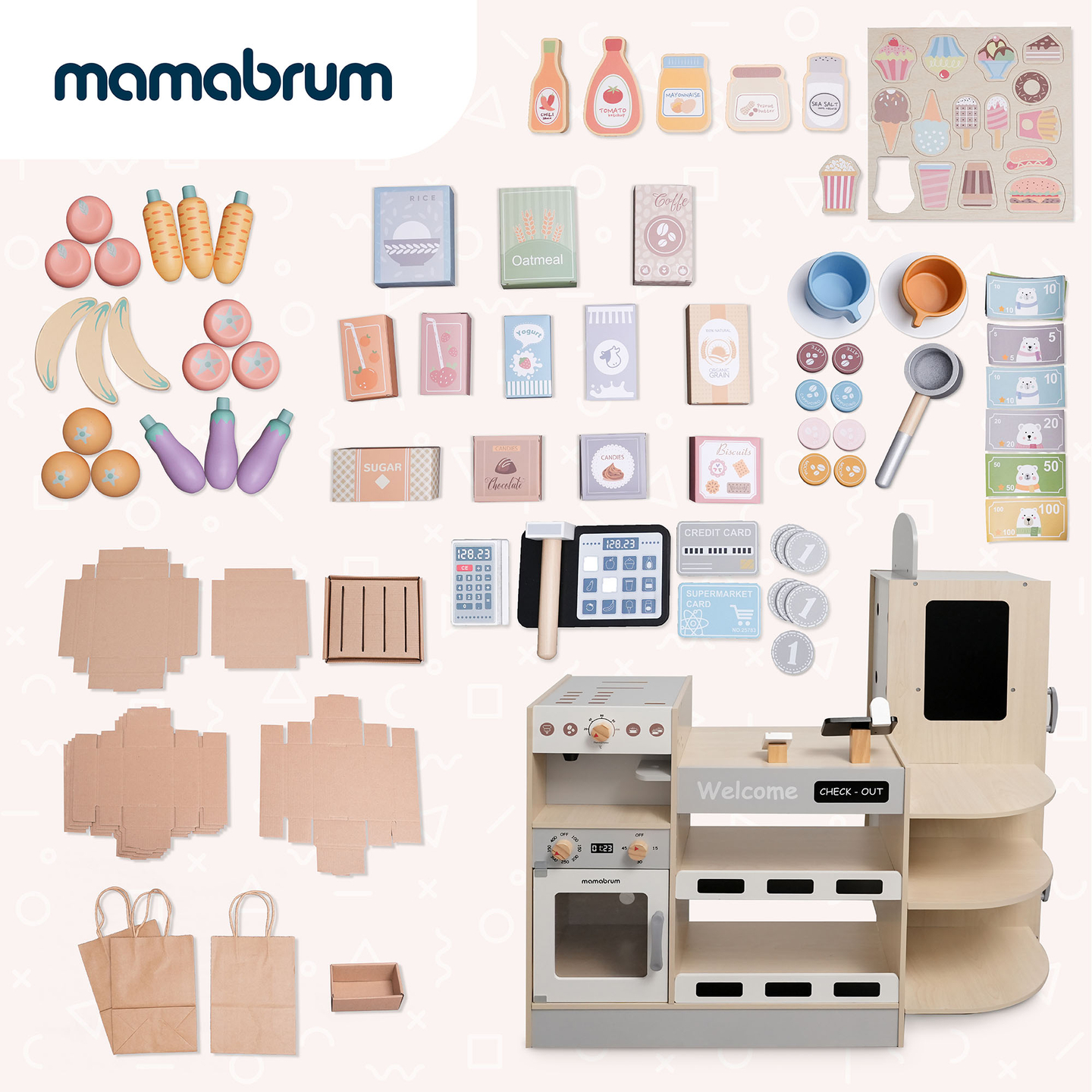 Didelė medinė XXXL parduotuvė vaikams su greito maisto baru - kampinė parduotuvė + kavos aparatas + orkaitė + šaldytuvas - 106 ak.