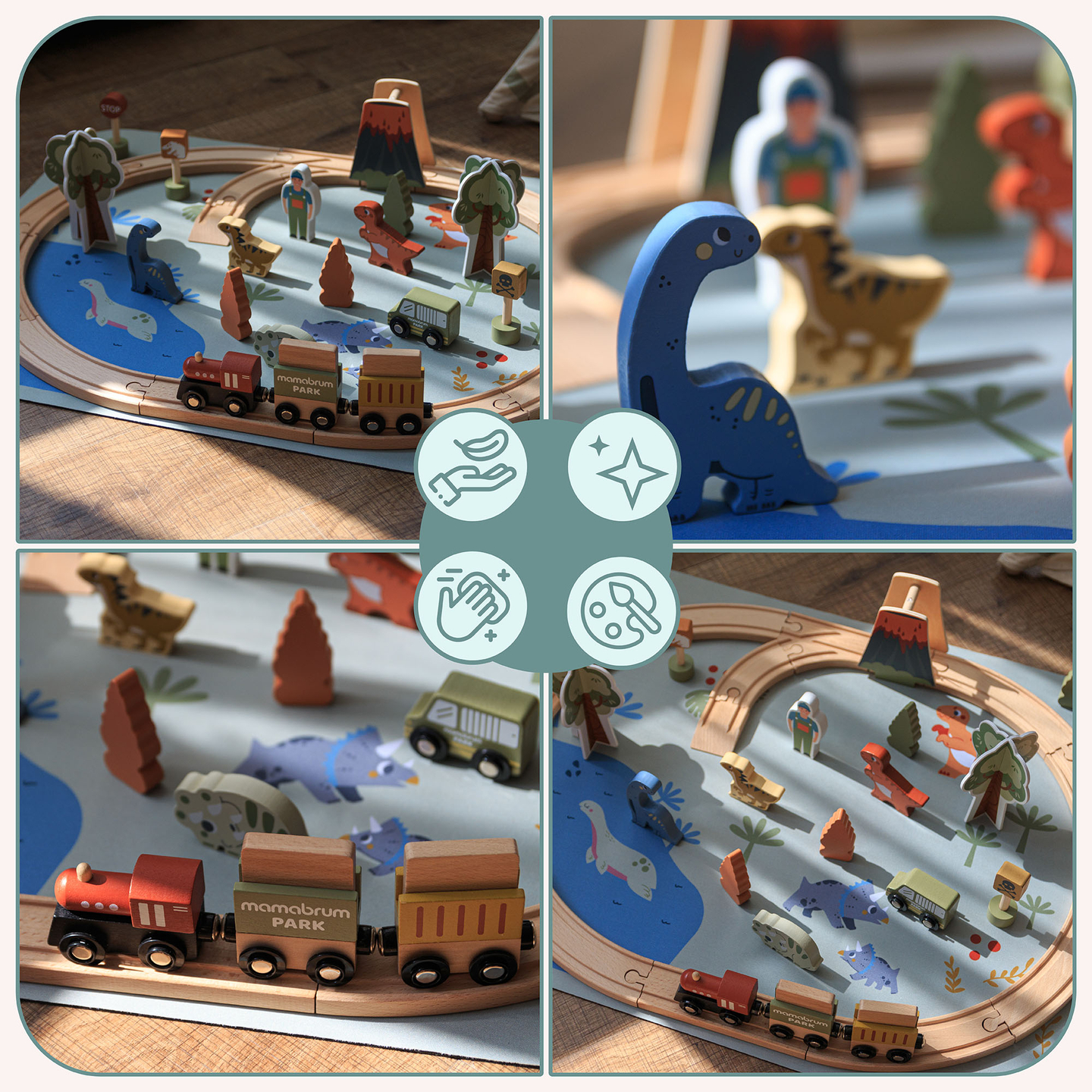 Dino parko medinis traukinukas su neslystančiu kilimėliu - dinozaurai, traukinukas, bėgiai, ugnikalnis, varpas