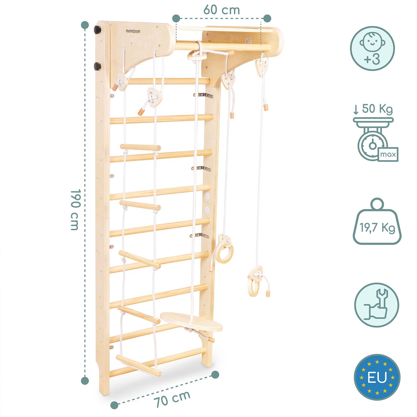 Medinės gimnastikos kopėčios vaikams su priedais - sūpynės su plokštelėmis, gimnastikos žiedai ir virvinės kopėčios