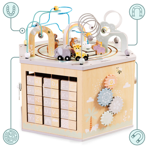 Didelis medinis edukacinis kubas - Montessori žaislas su magnetiniu traukiniu ir variklio kilpomis