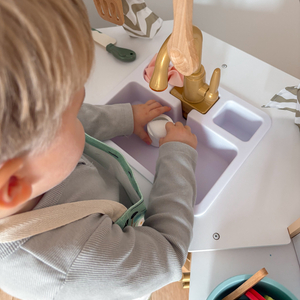 XXXXL didelė medinė interaktyvi virtuvė su LED apšvietimu, skalbimo mašina, mikrobangų krosnele, kavos aparatu, vaisių ir daržovių rinkiniu - 50 elementų