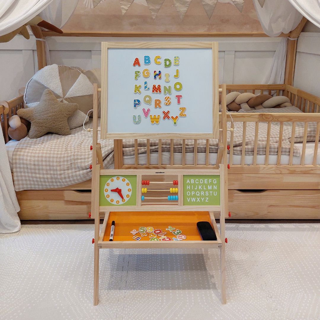 Didelė mokomoji dvipusė lenta: magnetinė ir kreidinė - sausai trinama lenta, medinė