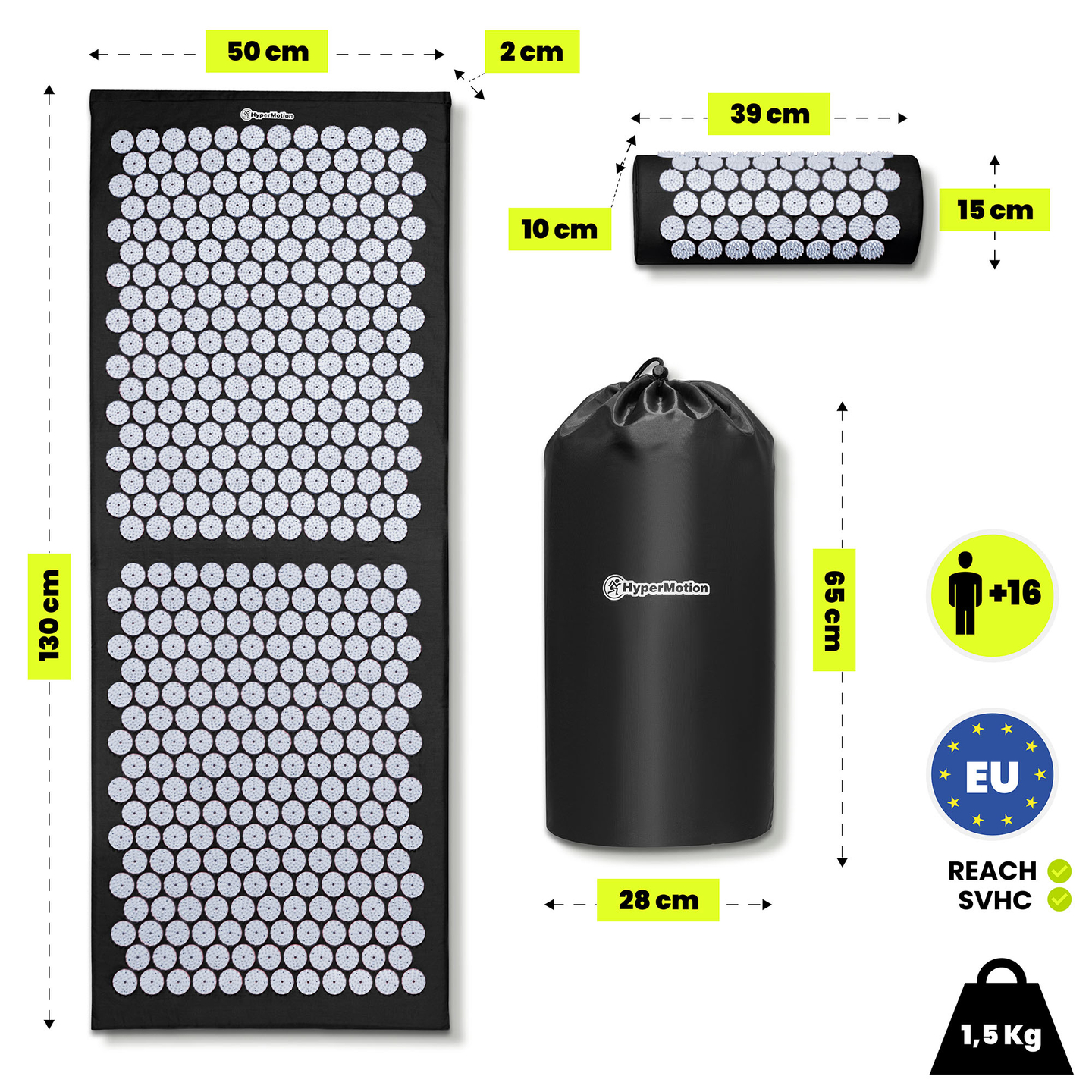 Didelis akupresūros kilimėlis su pagalvėle ir užvalkalu – 130 cm „HyperMotion“ juodos ir baltos spalvos