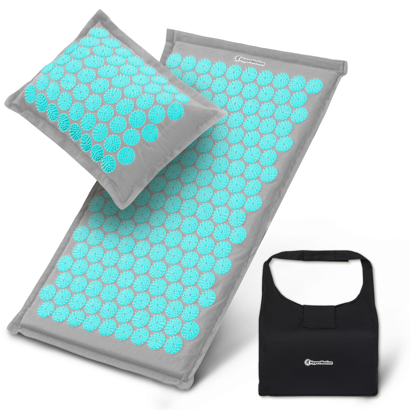 EKO lininis akupresūros kilimėlis su kokosų pluoštu ir grikių pagalvėle – 68 cm „HyperMotion“ pilka-mėtinė