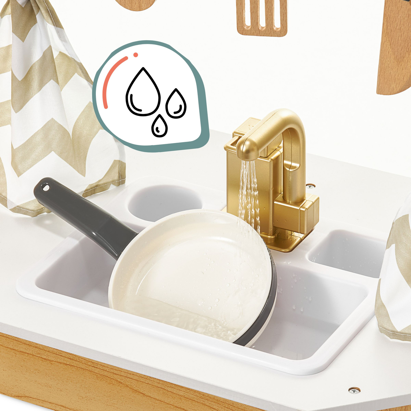 XXXXL didelė medinė interaktyvi virtuvė su LED apšvietimu, skalbimo mašina, mikrobangų krosnele, kavos aparatu, vaisių ir daržovių rinkiniu - 50 elementų