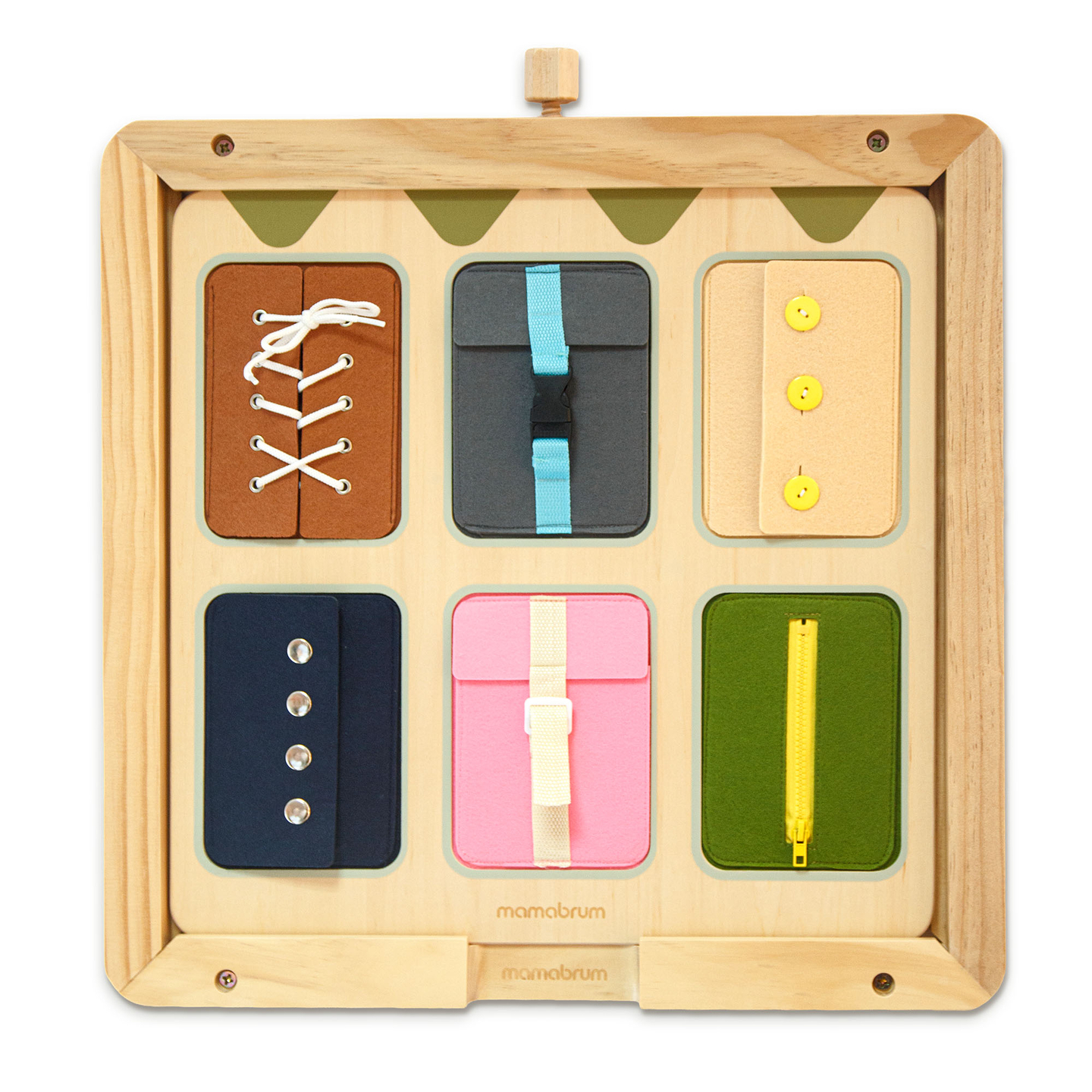 Medinė Montessori manipuliacinė lenta – sensorinis savarankiškumo mokymasis - raišteliai, sagtys, sagos, spaudės, užtrauktukas