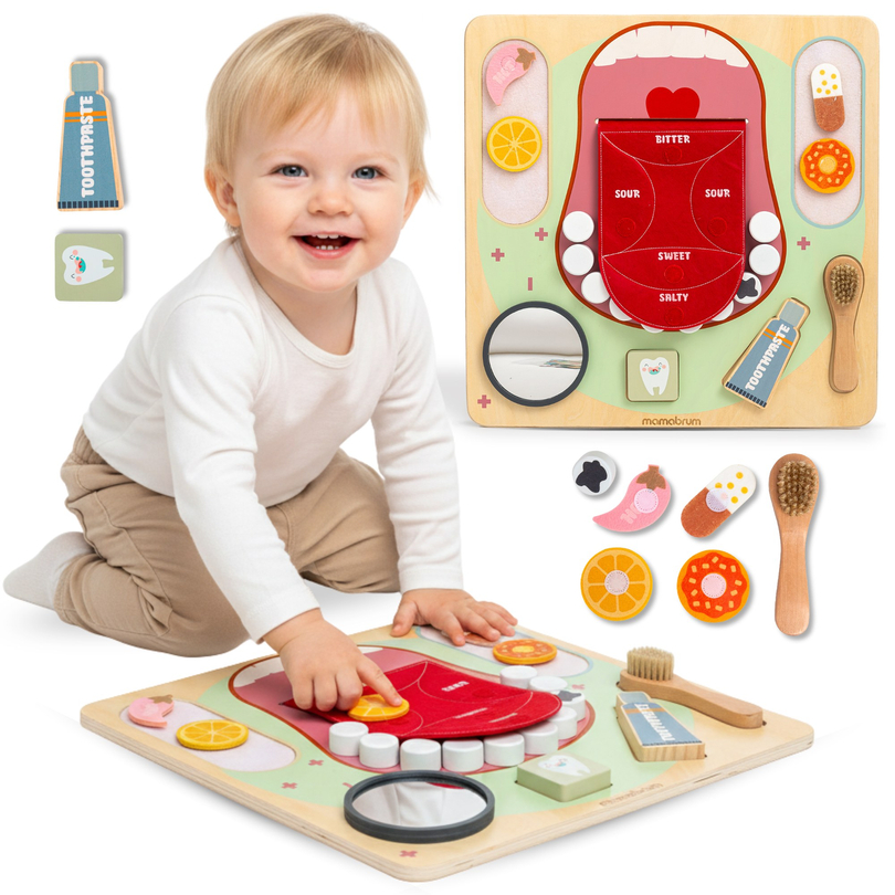 Medinė Montessori edukacinė lenta Mažasis odontologas - dantų šepetėlis, dantų pasta, išimami dantys, veidrodėlis, maistas, mokymosi skoniai