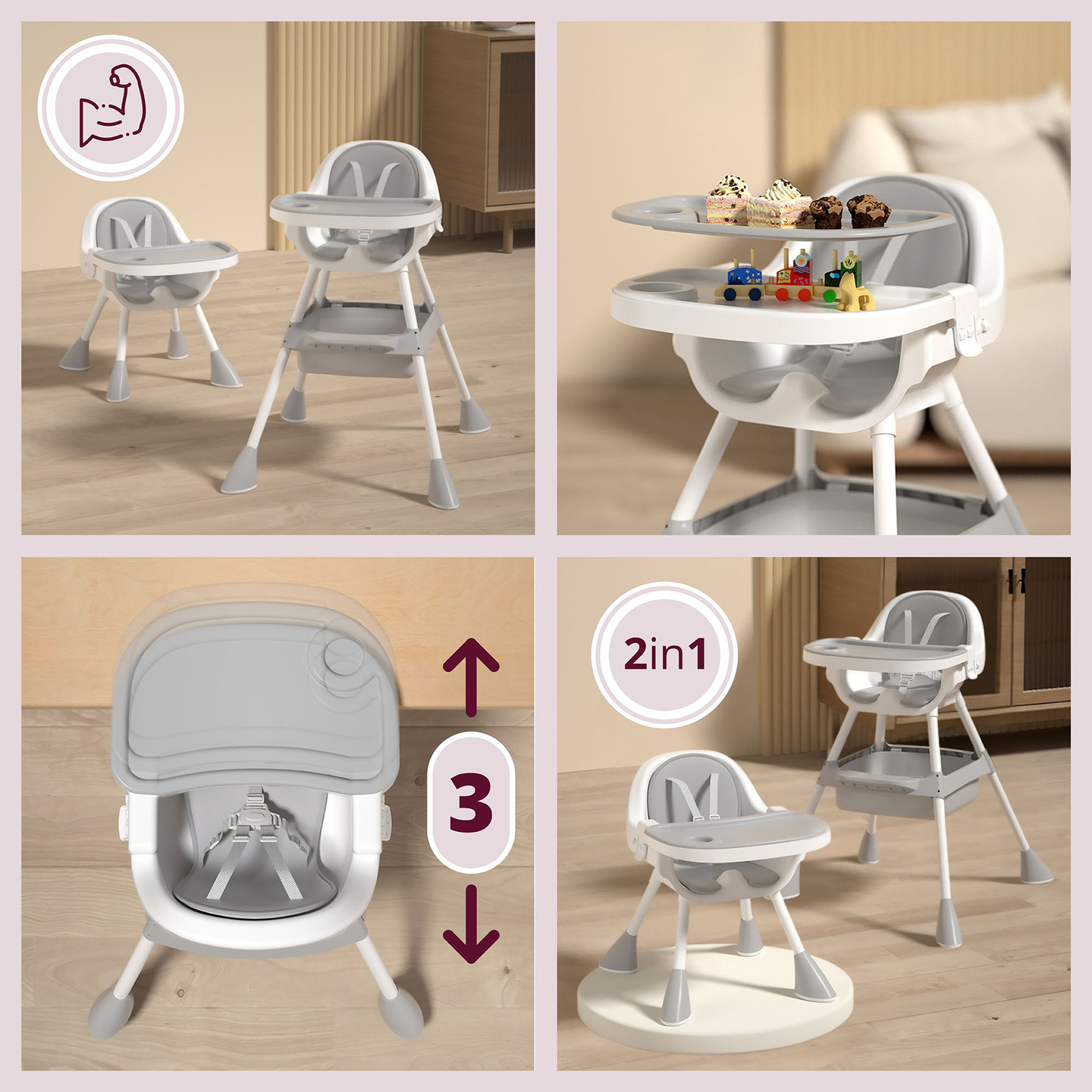 "Moby-System Magnolia" reguliuojama aukštakulnė kėdutė "2-in-1" - pilka