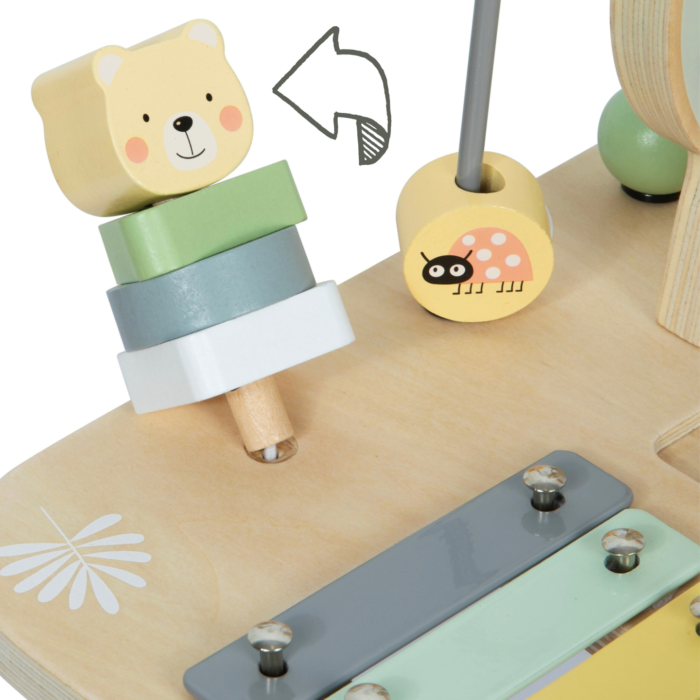 Medinis edukacinis 7 viename muzikinis stalas su cimbolais ir gongu – laukinės džiunglės