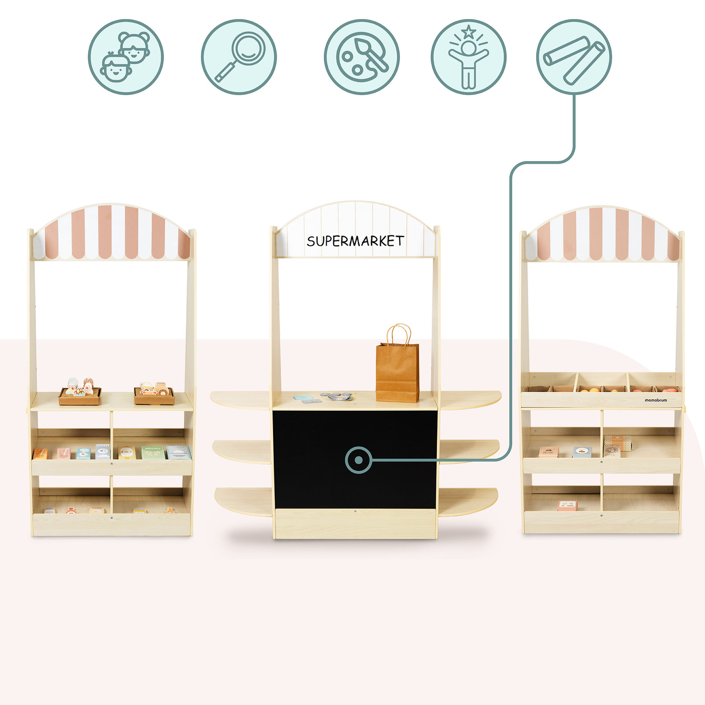 Didelė medinė vaikiška parduotuvė su lenta – 91 detalė apsipirkimo malonumams!