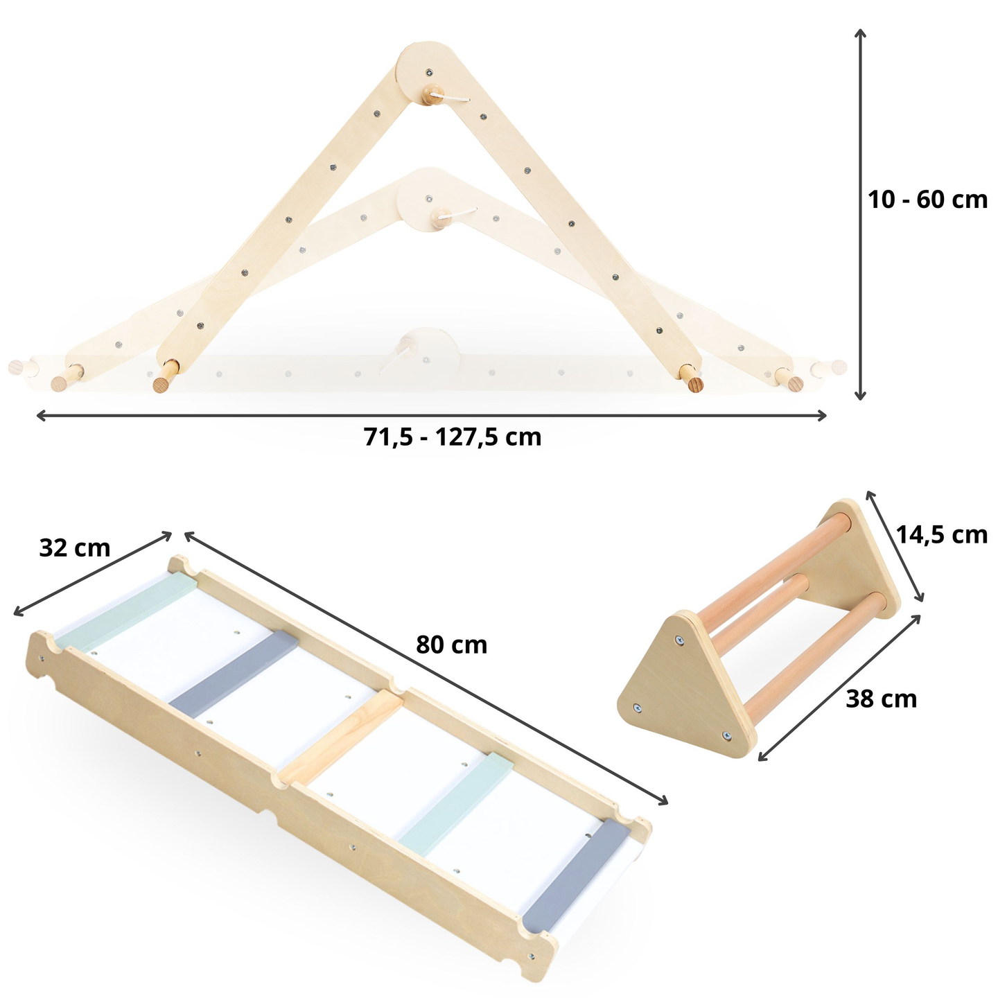 Medinė, savos gamybos vaikų žaidimų aikštelė - kopėčios + laipiojimo sienelė + balansavimo sija - Piklerio trikampis