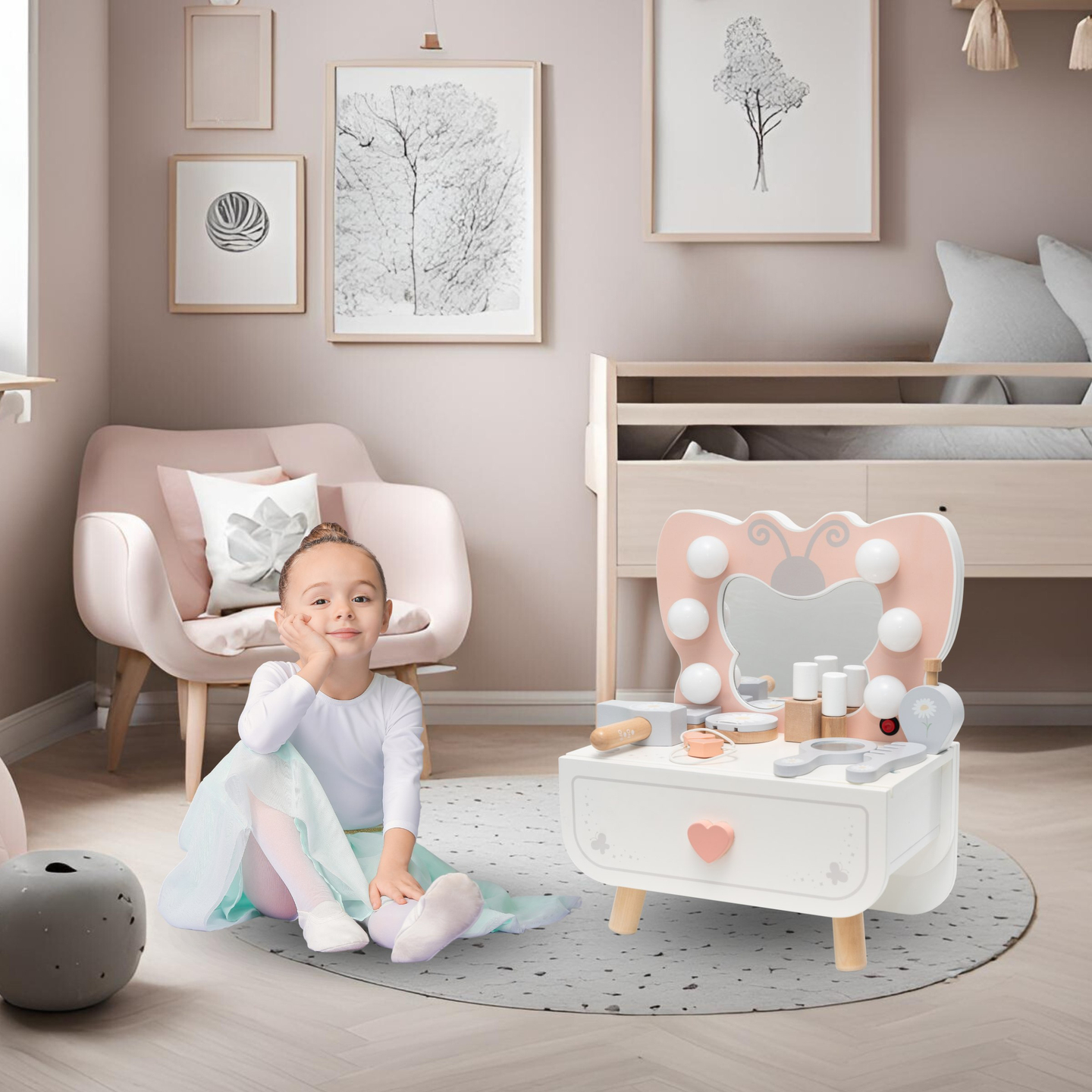 Medinis mini tualetinis staliukas su LED apšvietimu - Butterfly