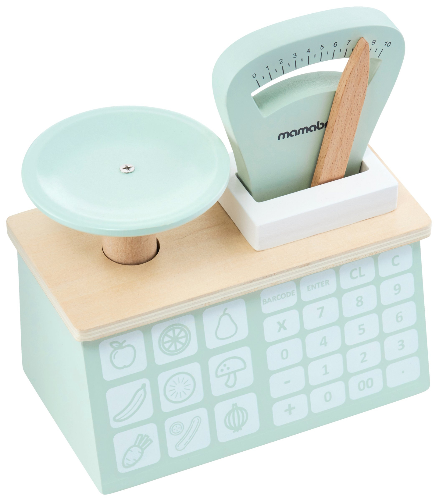 Didelė medinė parduotuvė - prekystalis ir teatras 2 viename su svarstyklėmis, mokėjimo terminalu, vaisiais ir daržovėmis