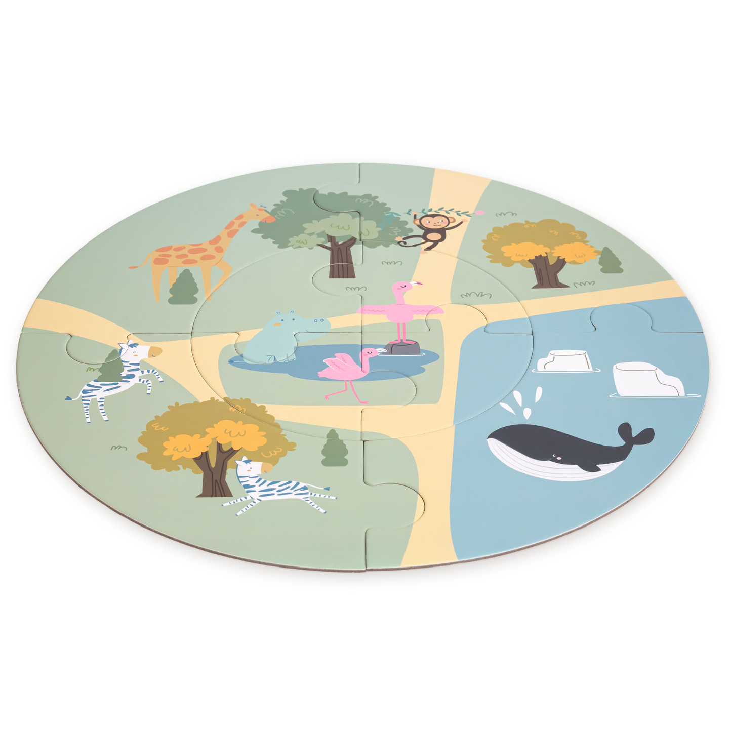 Medinis zoologijos sodo traukinukas – dėlionė, traukinukas, bėgiai, gyvūnai, tiltas, barjeras