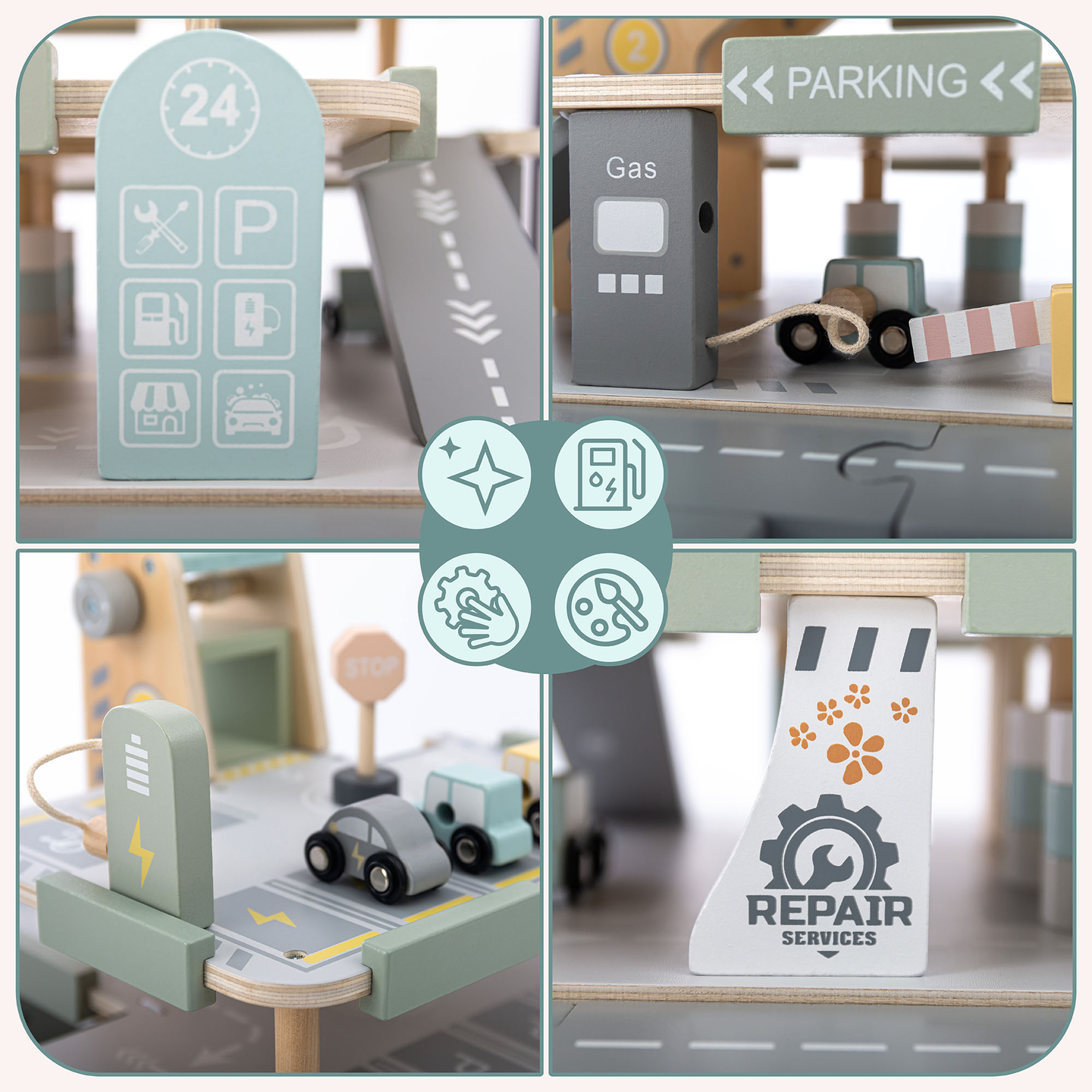 Medinis, trijų aukštų garažas vaikams su priedais – automobilių stovėjimo aikštelė, degalinė, automobilių plovykla, sraigtasparnis