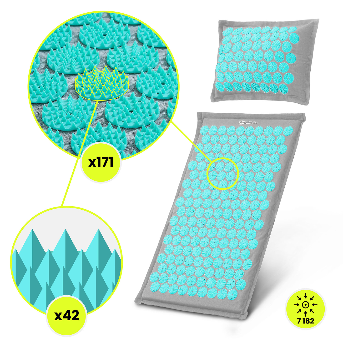 EKO lininis akupresūros kilimėlis su kokosų pluoštu ir grikių pagalvėle – 68 cm „HyperMotion“ pilka-mėtinė