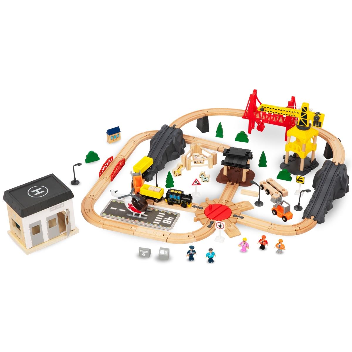 Medinis geležinkelis, akumuliatorinis traukinys - Miestas: bėgiai, automobiliai, tiltas, oro uostas