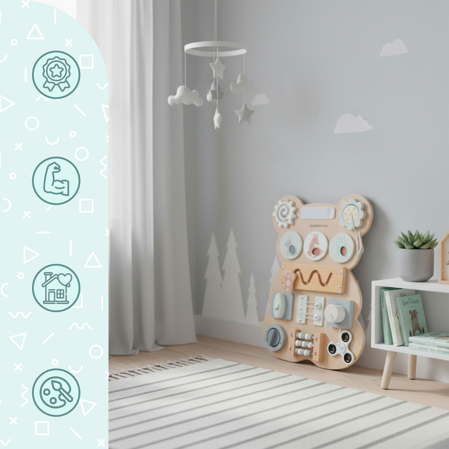 Medinė Montessori meškiuko manipuliacinė lenta - sensorinis savarankiškumo mokymasis: lipdukas, kaištis, labirintas, spragtelėjimo rankenėlė