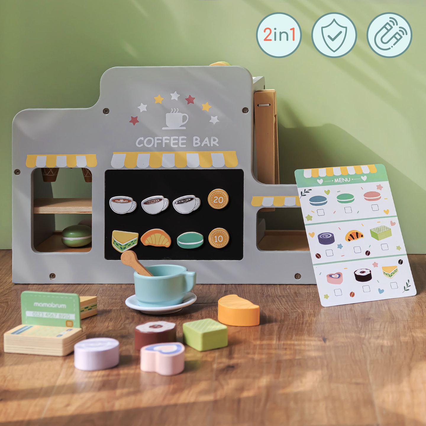 Didelė medinė ledainė su magnetine lenta, kavos aparatu ir ledų bei desertų rinkiniu - daugiau nei 70 detalių!