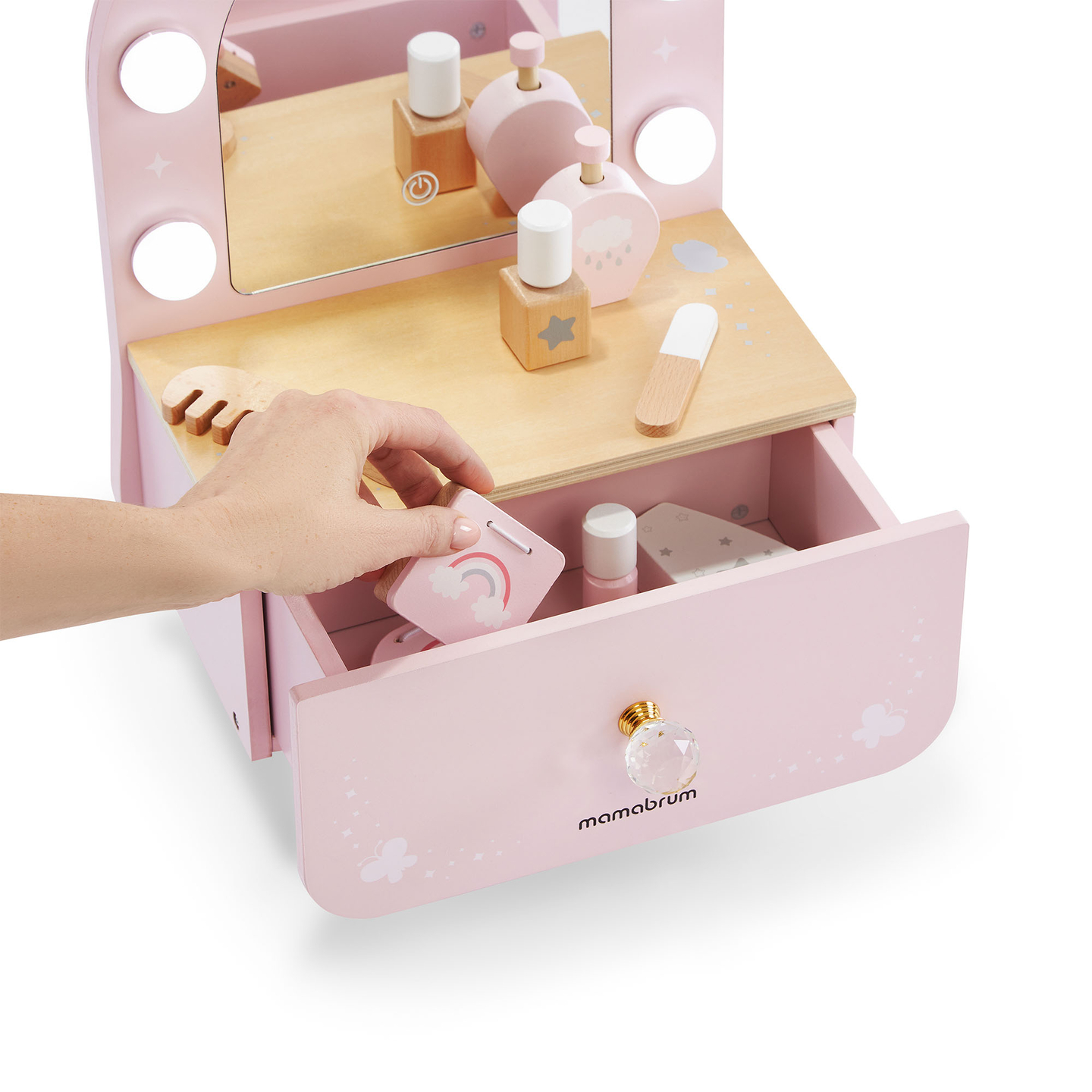 Medinis mini tualetinis staliukas vaikams su aksesuarais ir LED apšvietimu su sklandžiu ryškumo reguliavimu