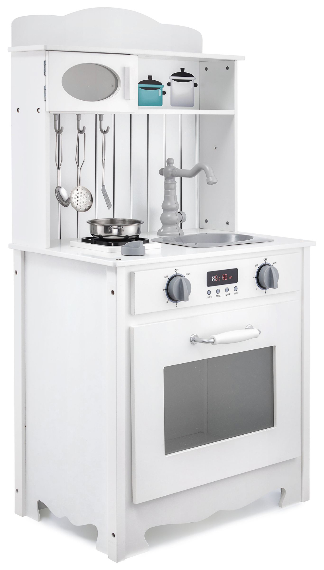 Balta medinė virtuvė su prijuoste, priedais ir LED lempa