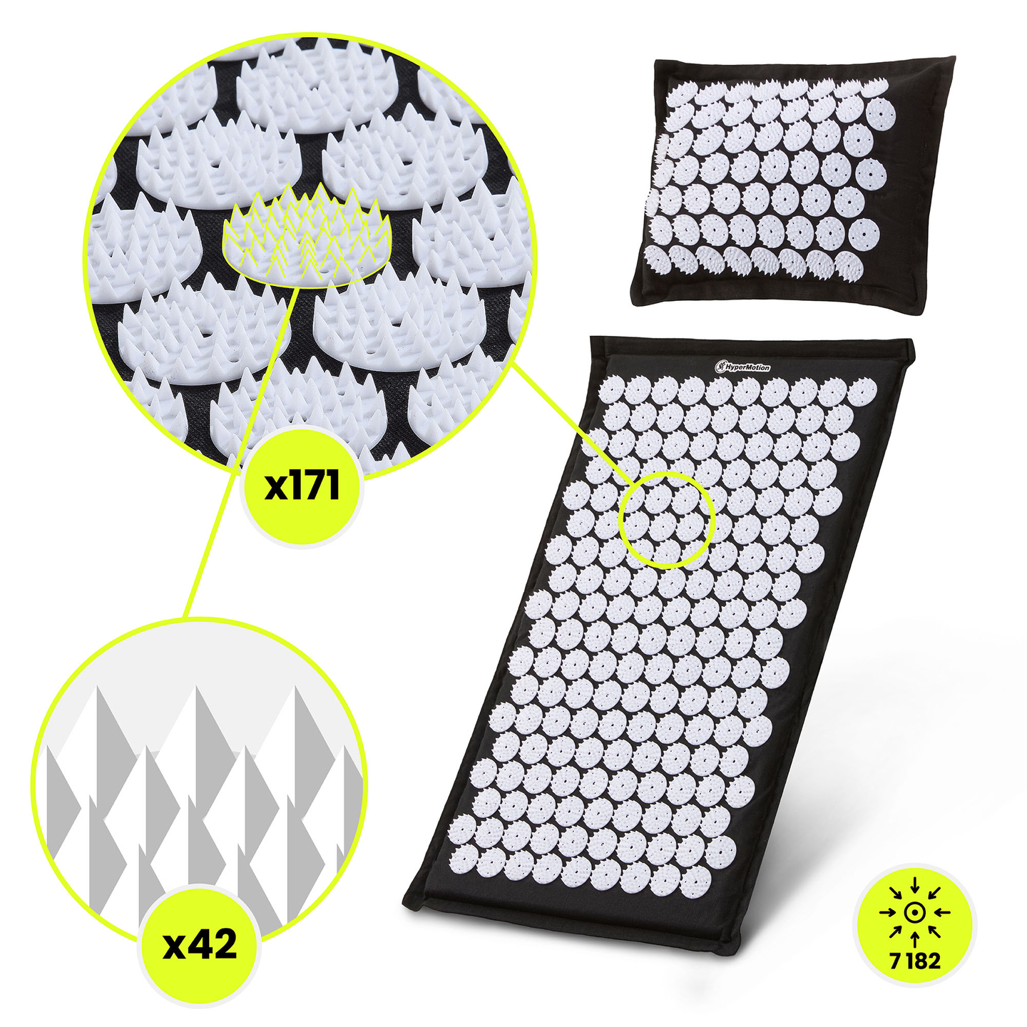 EKO lininis akupresūros kilimėlis su kokoso pluoštu ir grikių pagalvėle – 68 cm „HyperMotion“ juodos ir baltos spalvos