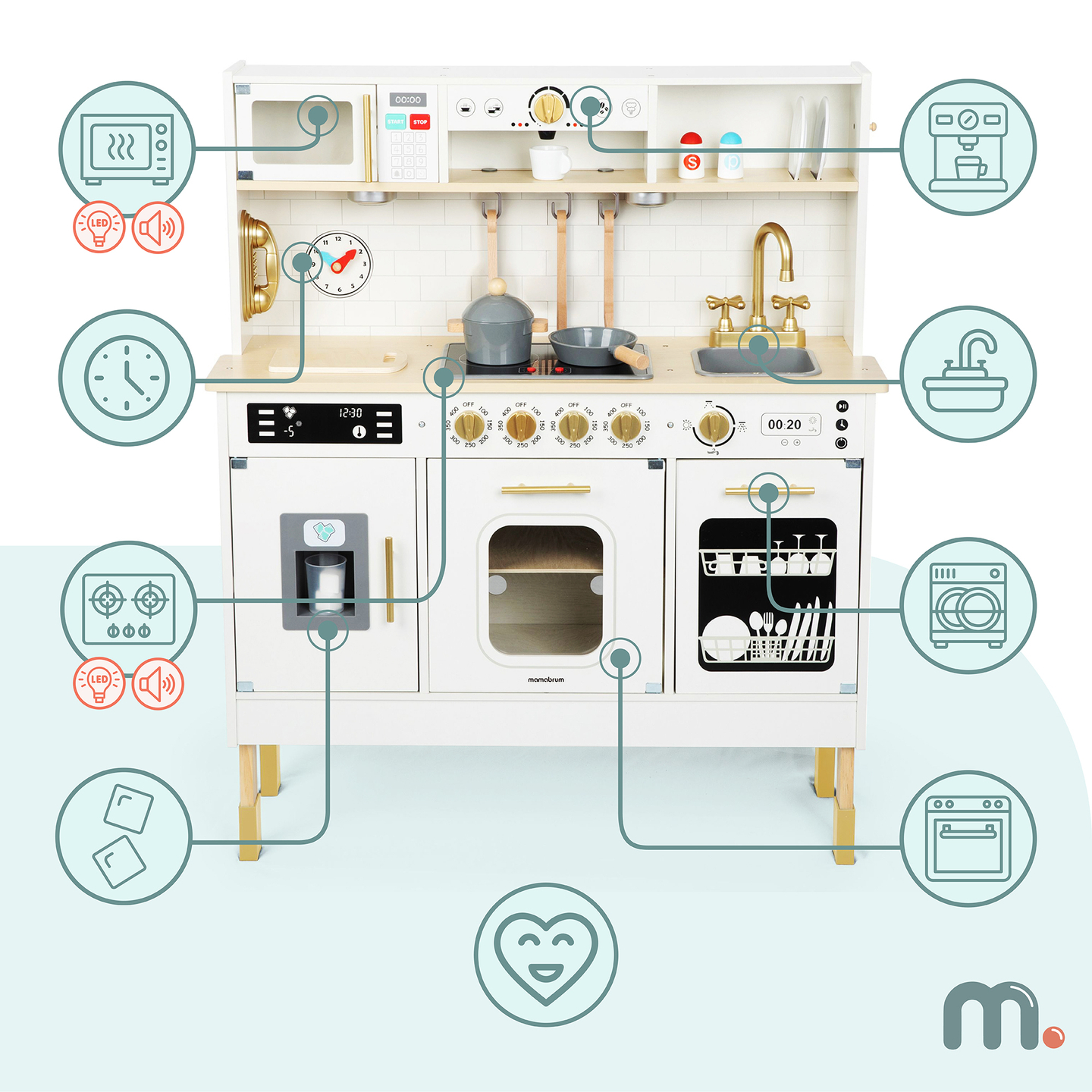 Interaktyvi XXL medinė virtuvė su priedais ir LED apšvietimu – dviejų lygių