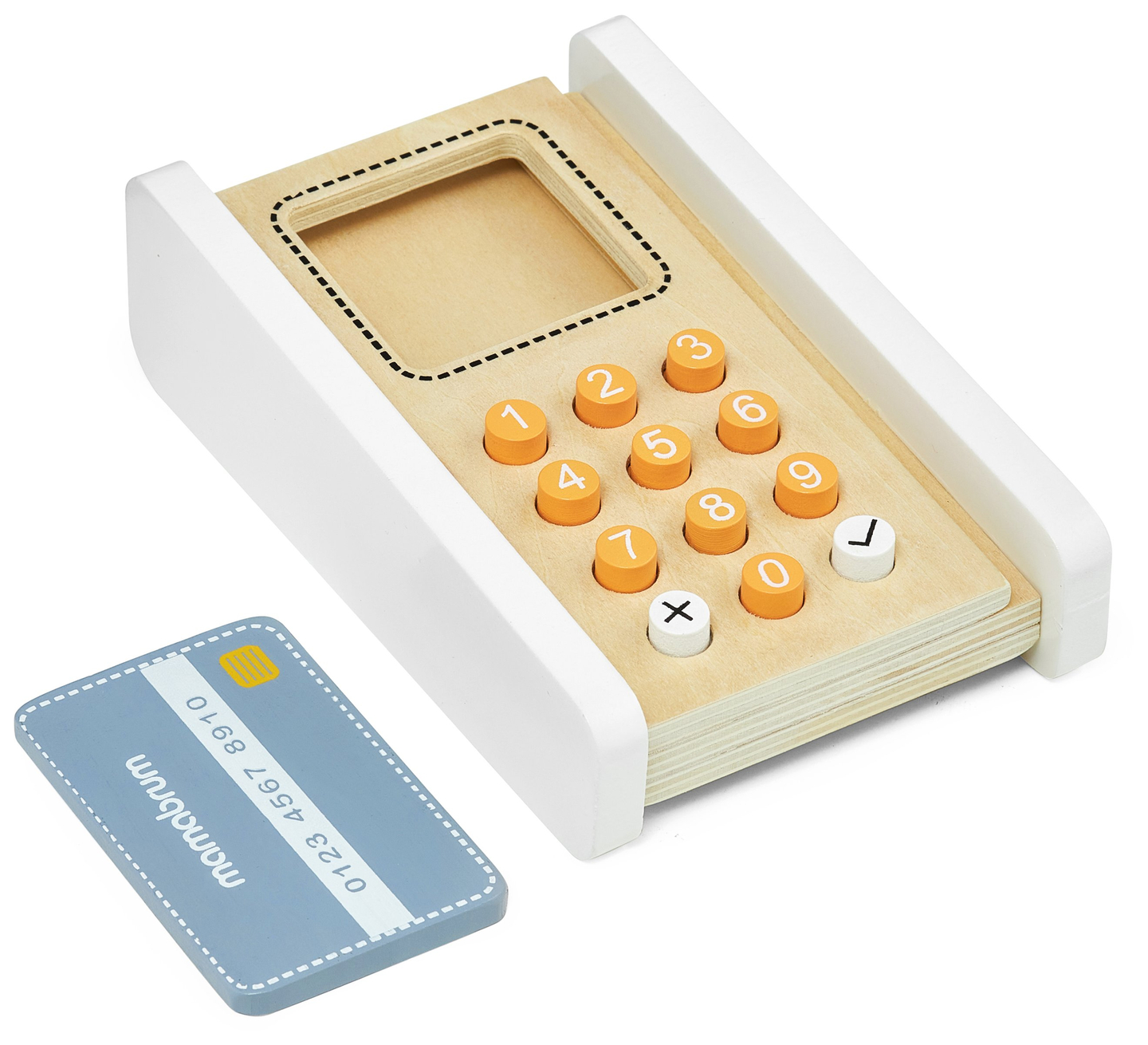 Mini turgus - parduotuvė su svarstyklėmis, terminalu, mokėjimo kortele ir vaisiais