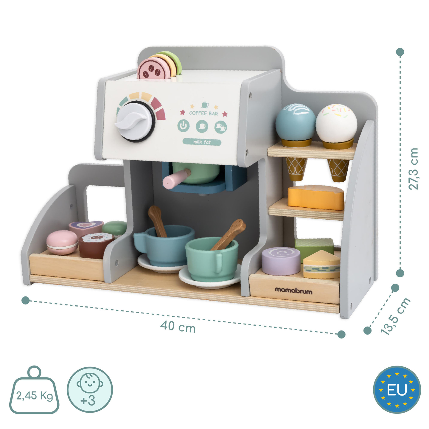 Didelė medinė ledainė su magnetine lenta, kavos aparatu ir ledų bei desertų rinkiniu - daugiau nei 70 detalių!