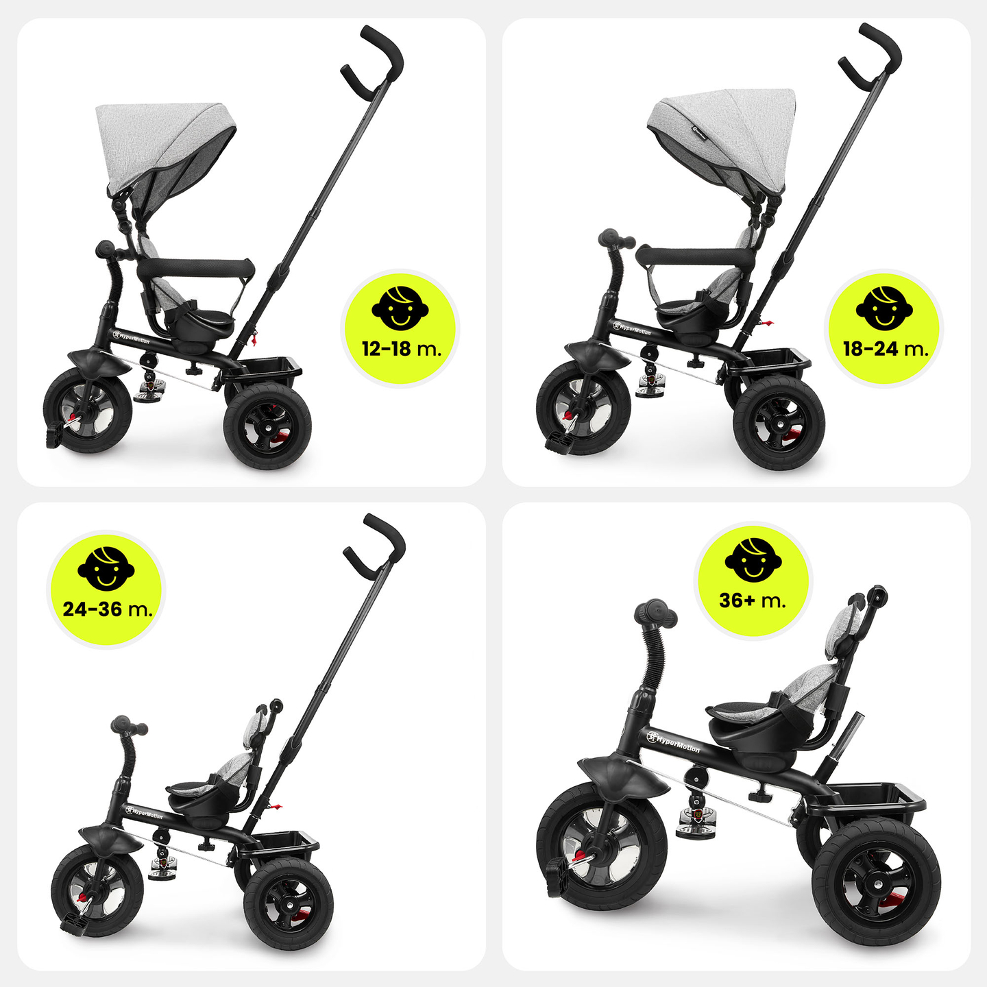 Triratukas 1-4 metų vaikams - TOBI FREY - pilka spalva - pasukamas - pompiniai ratai + stūmiklis